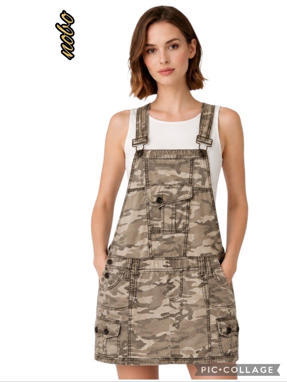 Nobo camo overall dress, pockets green beige cream adjust straps hooks on front